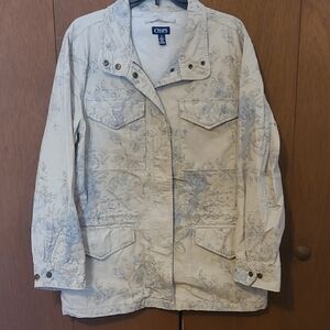 Chaps Womens Safari Style Tan Jacket With Blue Print 100% Cotton SZ L